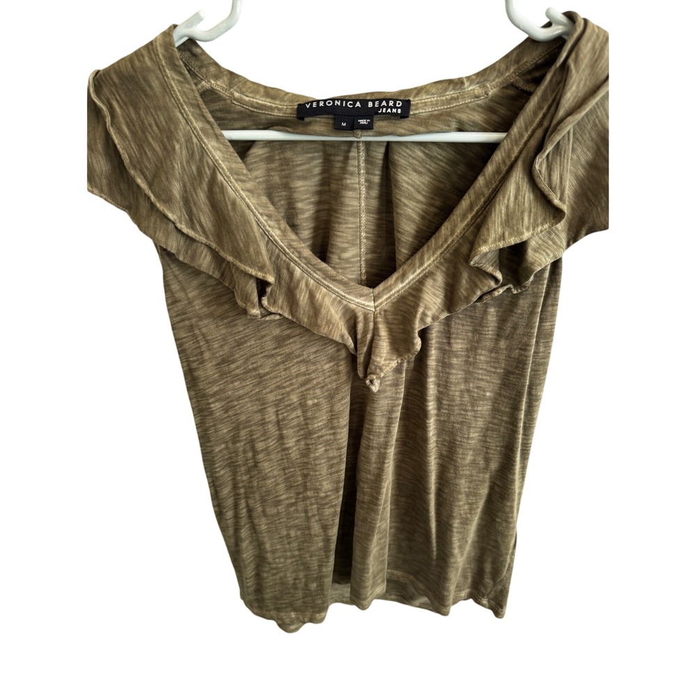 VERONICA BEARD JEANS Olive‎ Green Ruffle V Neck T Shirt Top Women's Medium